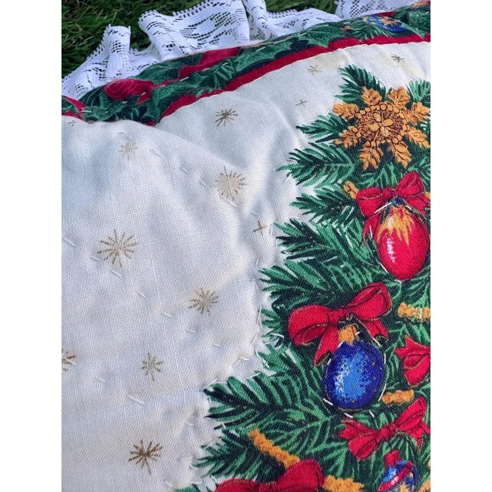 Vintage Quilted Christmas Tree Throw Pillow White Lace Ruffle Trim Holiday Decor